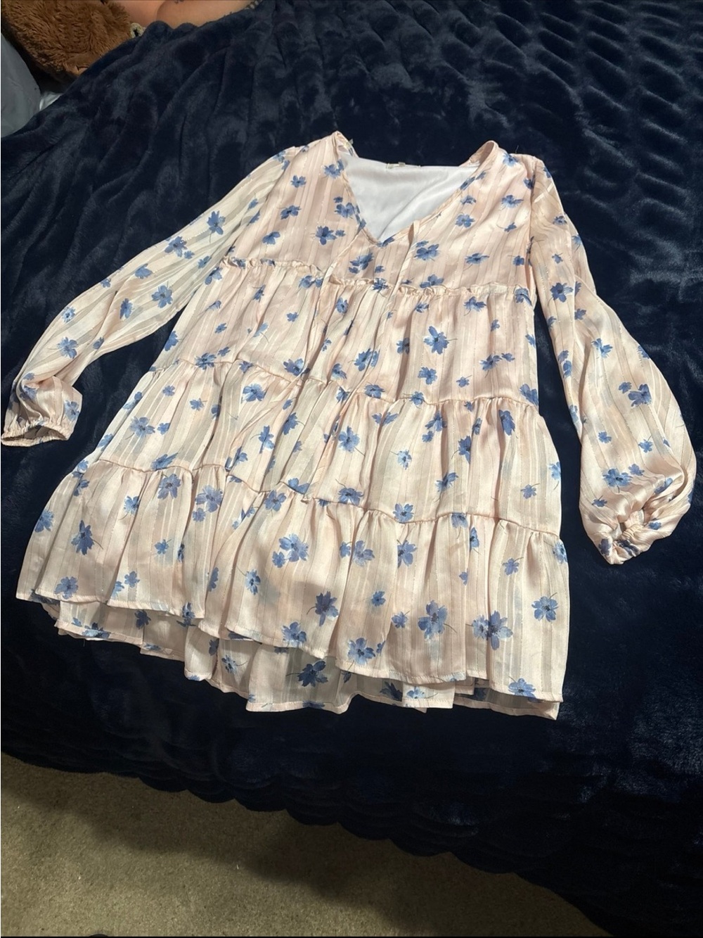 Altar'd State Peach Tiered Dress with Blue Floral Print